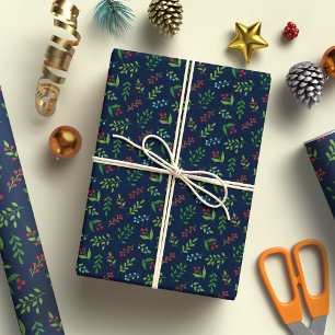 Elegant Christmas Berry and Leaf Pattern Navy Blue Wrapping Paper