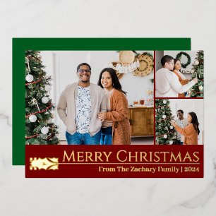 Elegant Christmas Berry Leaf Family Photo Collage Foil Holiday Card