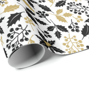 Elegant Christmas Black and Gold Holly Mistletoe Wrapping Paper