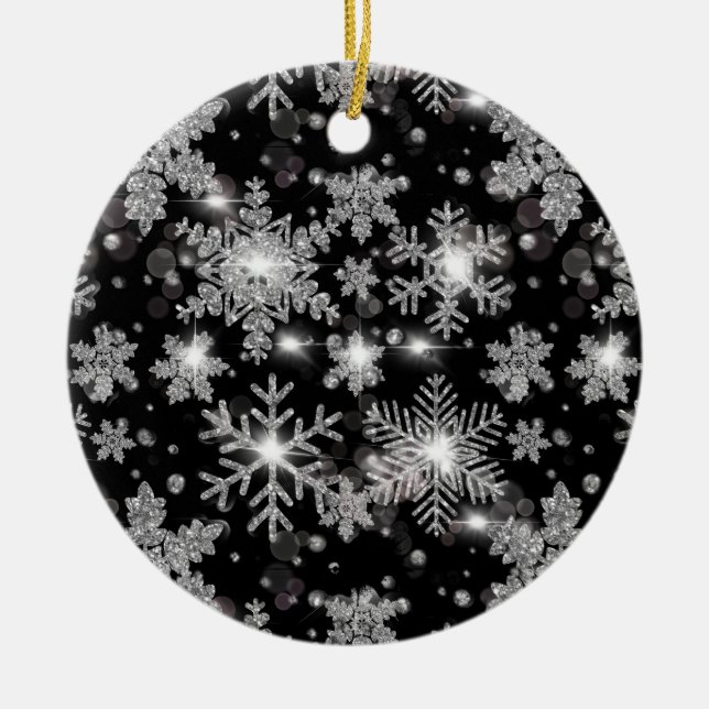 Elegant Christmas black white silver snowflakes Ceramic Tree Decoration (Front)
