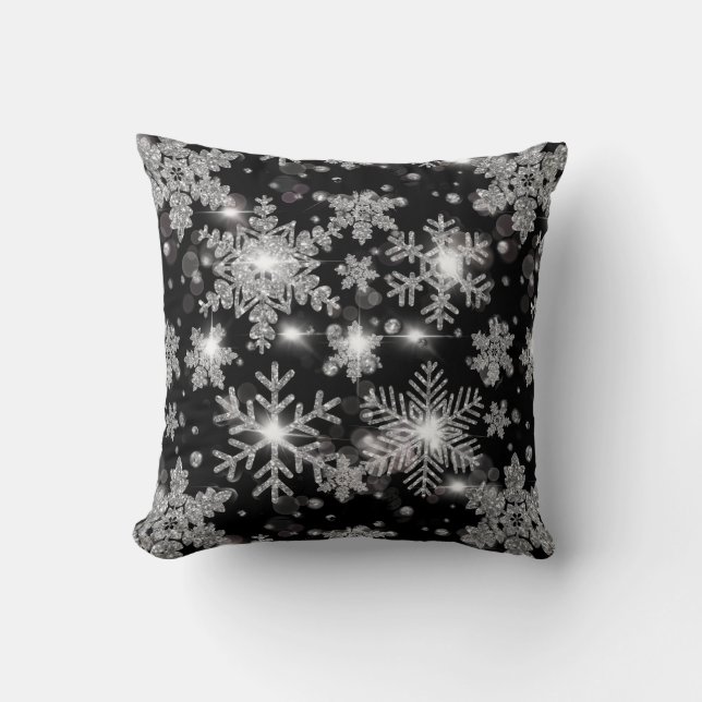 Elegant Christmas black white silver snowflakes Cushion (Front)