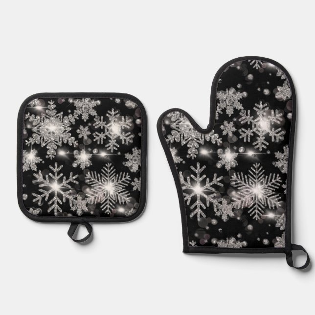 Elegant Christmas black white silver snowflakes Oven Mitt & Pot Holder Set (Front)