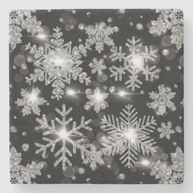 Elegant Christmas black white silver snowflakes Stone Coaster (Front)