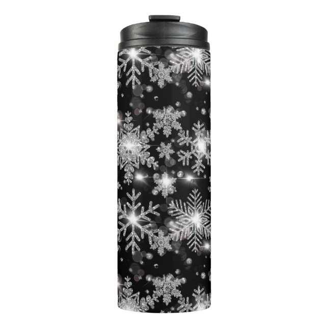 Elegant Christmas black white silver snowflakes Thermal Tumbler (Front)