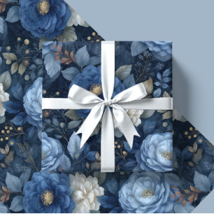 Elegant Christmas Blue and White Floral Gift  Wrapping Paper