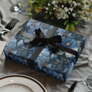 Elegant Christmas Blue and White Floral Gift  Wrapping Paper Sheet