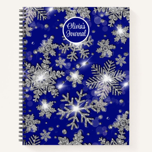 Elegant Christmas blue white silver snowflakes Notebook (Front)