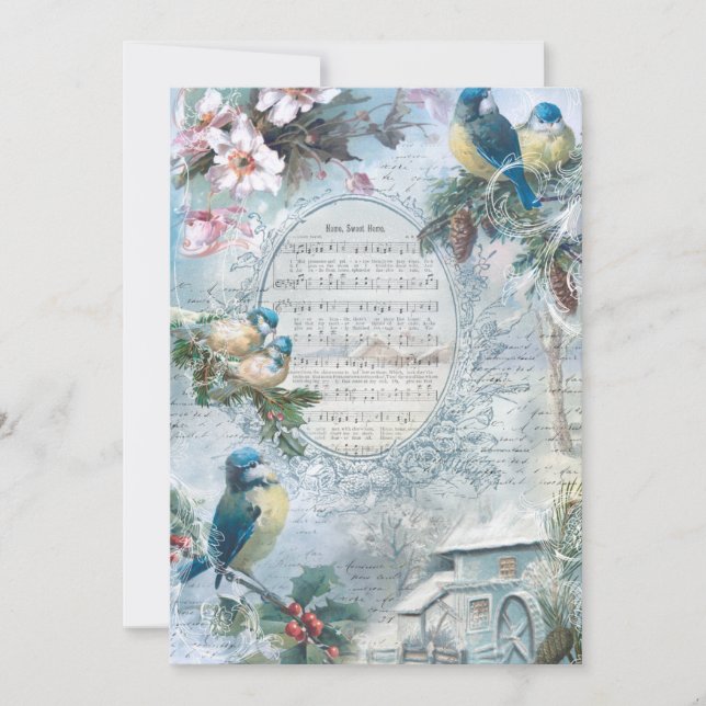 Elegant Christmas Bluebirds and Music Collage Holiday Card (Front)