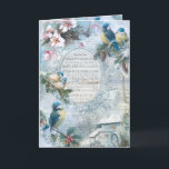 Elegant Christmas Bluebirds and Music Collage Holiday Card<br><div class="desc">Elegant rustic floral design featuring vintage bluebirds perched on holly and pine boughs,  white dog roses,  quaint farm with water wheel,  handwriting,  scrolls and white flourishes with "Home Sweet Home" music in ornately engraved frame. Background features pale blue sky with white clouds.</div>