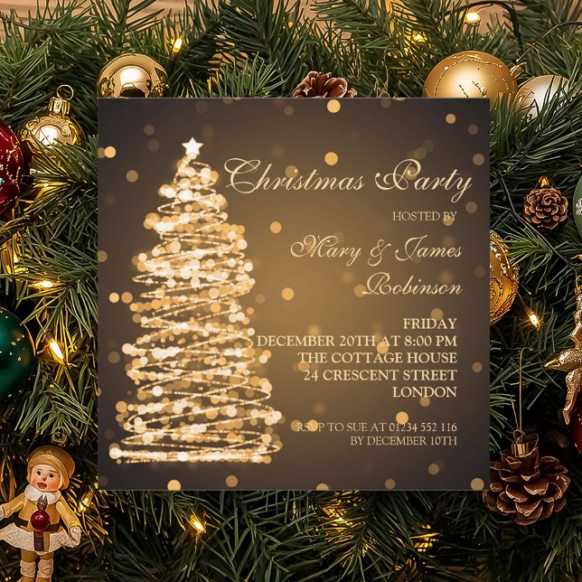Elegant Christmas Bokeh Tree Holiday Party Gold Invitation (Elegant Christmas Bokeh Tree Holiday Party Gold Invitation)
