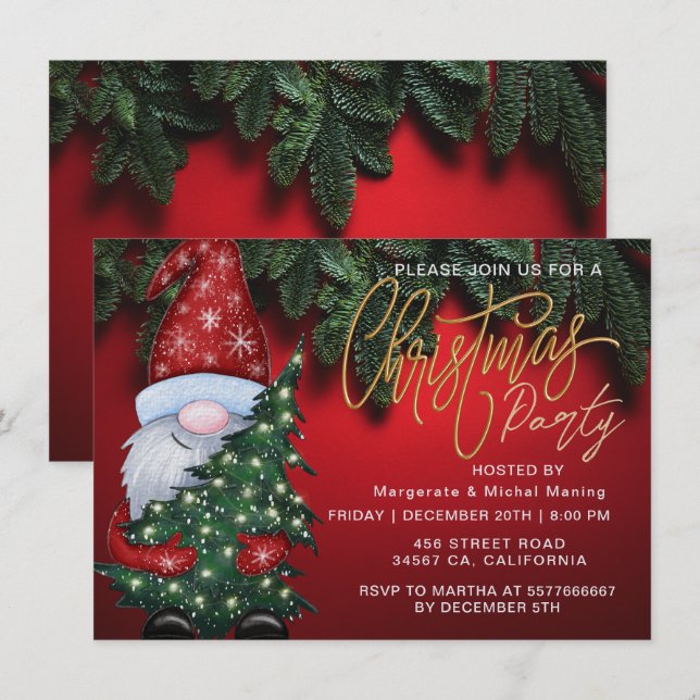 Elegant Christmas Bokeh Tree Party Gold Red Invitation (Front/Back)