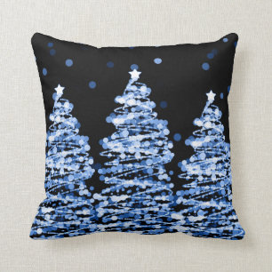 Elegant Christmas Bokeh Trees Blue Cushion