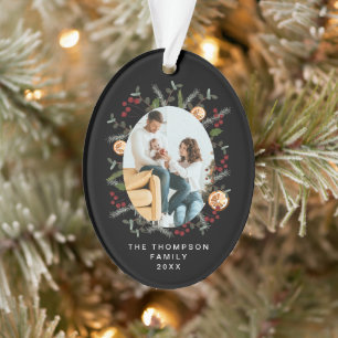 Elegant Christmas Botanical Black Red holly Photo Ornament