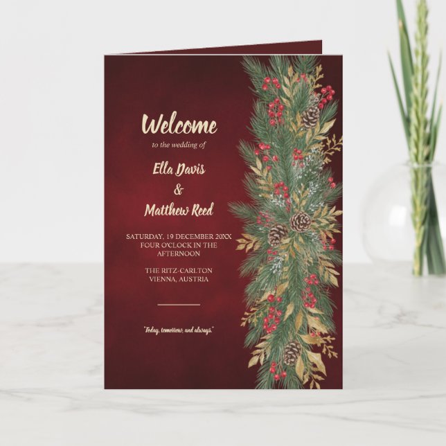 Elegant Christmas Botanical Folded Wedding Program Programme (Front)