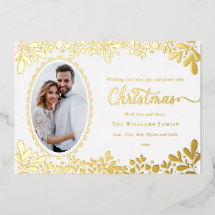 Elegant Christmas Botanical Frame Oval Photo Foil Holiday Card