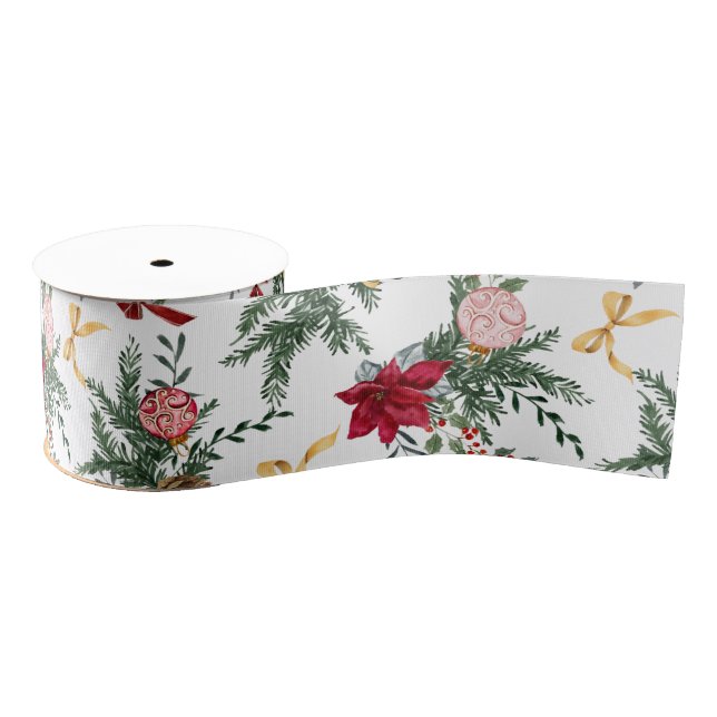 Elegant Christmas Botanical Greenery Pattern Grosgrain Ribbon (Spool)