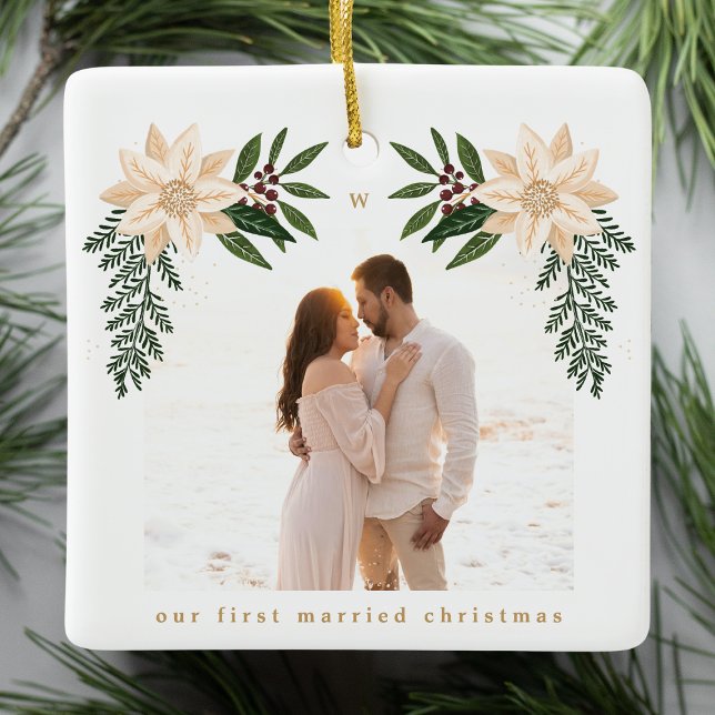 elegant christmas botanical  merry chrismtas photo ceramic ornament (Creator Uploaded)