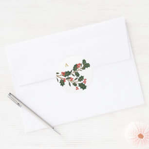 Elegant Christmas Botanical Monogram Envelope Classic Round Sticker
