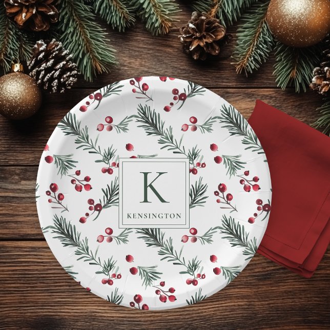 Elegant Christmas Botanical Monogram Paper Plate (Elegant Christmas Botanical Monogram Paper Plates)