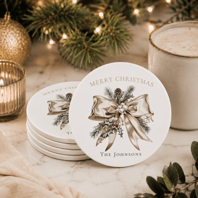 Elegant Christmas Bow Personalised Coasters (Creator Uploaded)