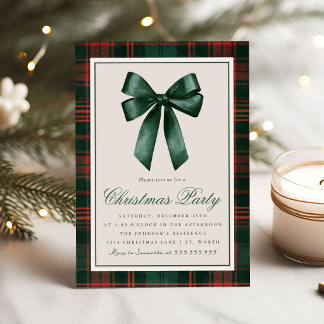 Elegant Christmas Bow Plaid Christmas Party Invitation