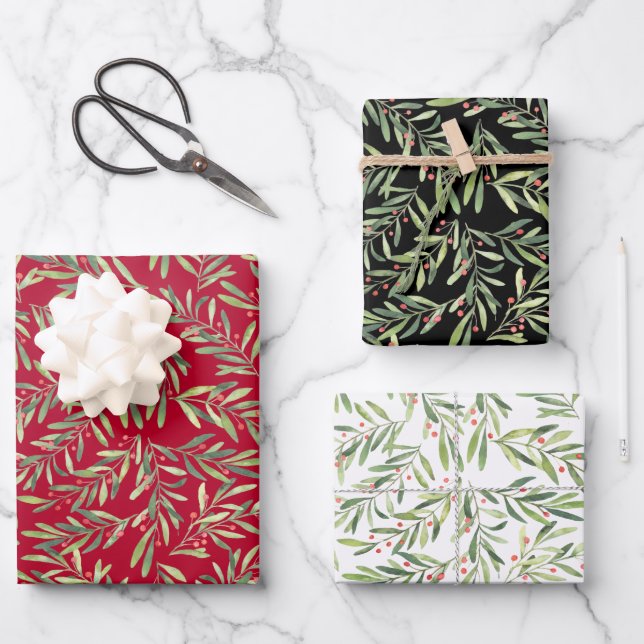 Elegant Christmas Branches and Berries Wrapping Paper Sheet (Front)