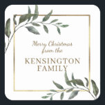 Elegant Christmas Branches Gold Foil Holiday Square Sticker<br><div class="desc">Elegant Christmas Branches Gold Foil Holiday Stickers featuring a faux gold foil frame and modern winter eucalyptus branches. Easy to customise the text and colours.</div>