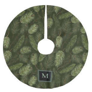 Elegant Christmas Branches on Black with Monogram Brushed Polyester Tree Skirt