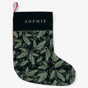 Elegant Christmas Branches on Black with Name Small Christmas Stocking