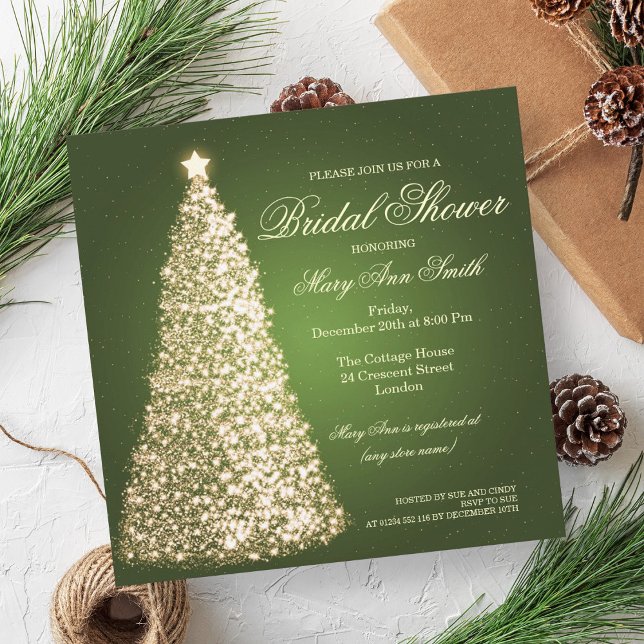 Elegant Christmas Bridal Shower Gold Green Invitation (Elegant Christmas Bridal Shower Gold Green Invitation)