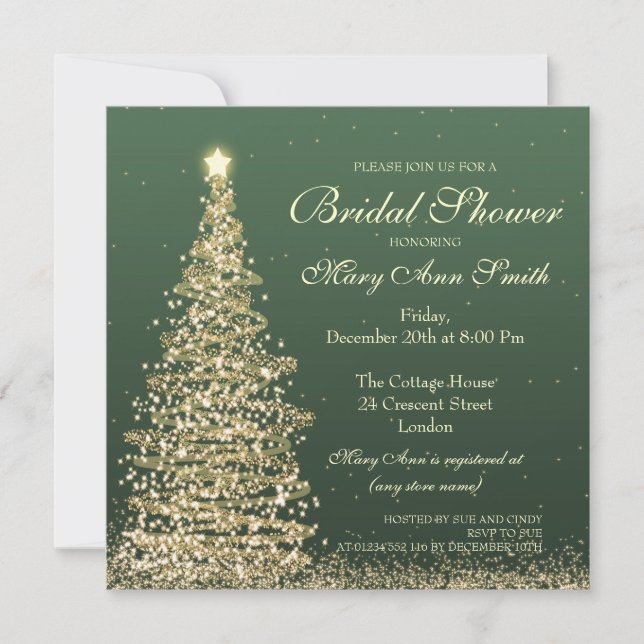 Elegant Christmas Bridal Shower Green Gold Invitation (Front)