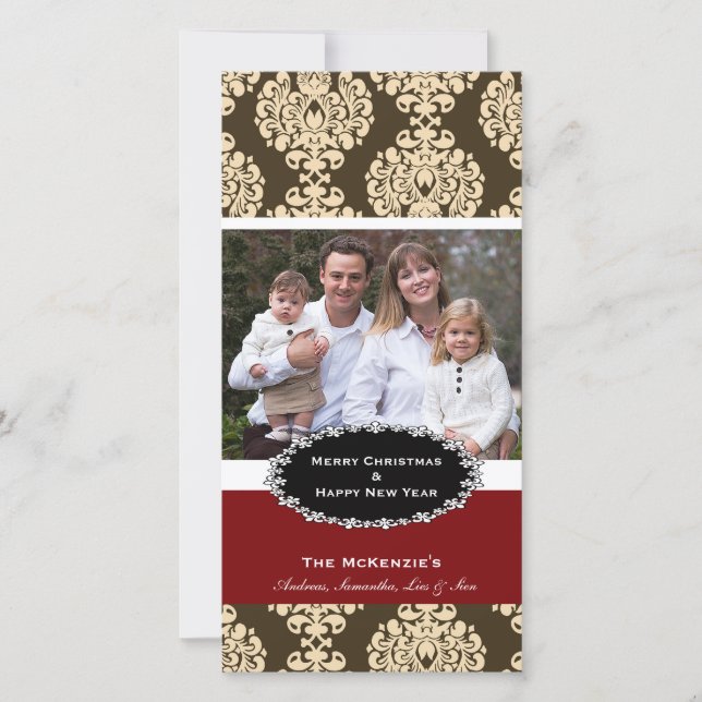 Elegant Christmas Brown Damask Holiday Card (Front)
