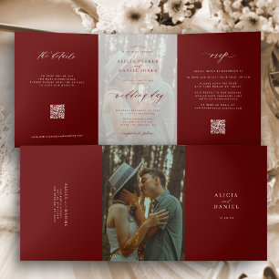 Elegant Christmas burgundy photo wedding RSVP QR Tri-Fold Invitation
