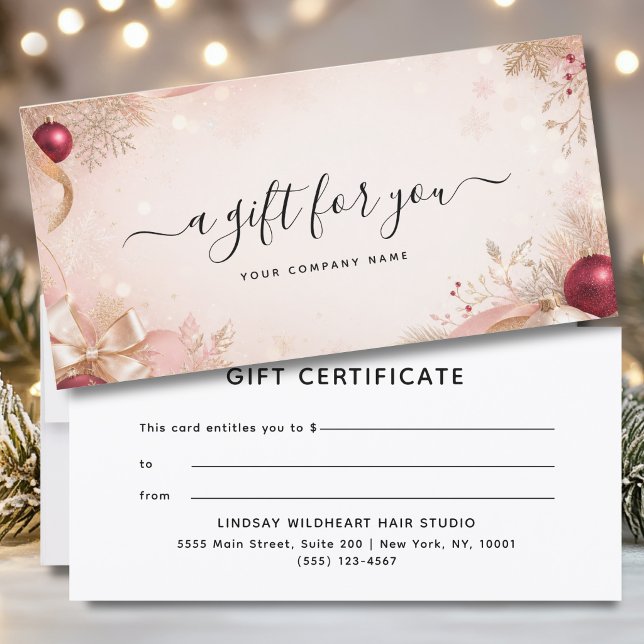 Elegant Christmas Business Gift Certificate (Elegant Christmas Blush Pink Red Gold Business Gift Certificate)