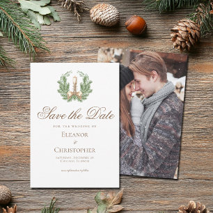 Elegant Christmas Candle Couple Photo on Back Save The Date