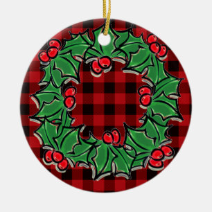 Elegant Christmas classic Red Plaid Holly berries  Ceramic Tree Decoration