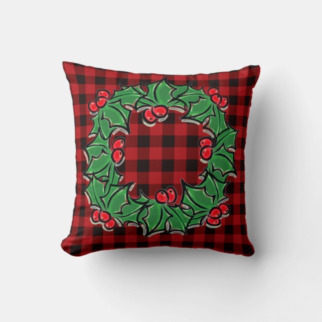 Elegant Christmas classic Red Plaid Holly berries  Cushion (Front)