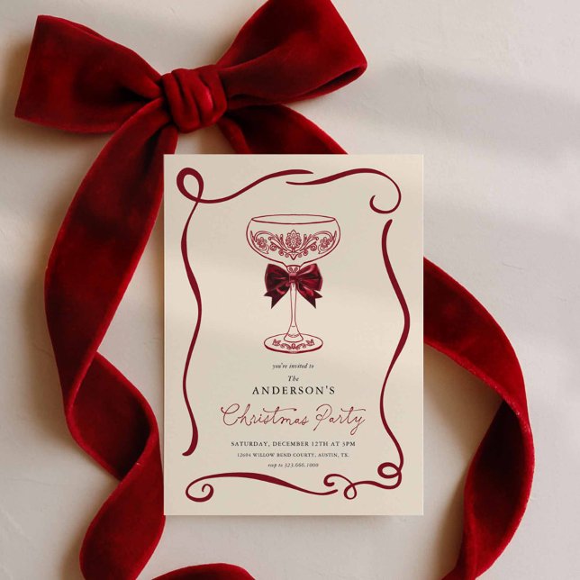 Elegant Christmas Cocktail Party Invitation (Red bow Christmas Party Invitation)