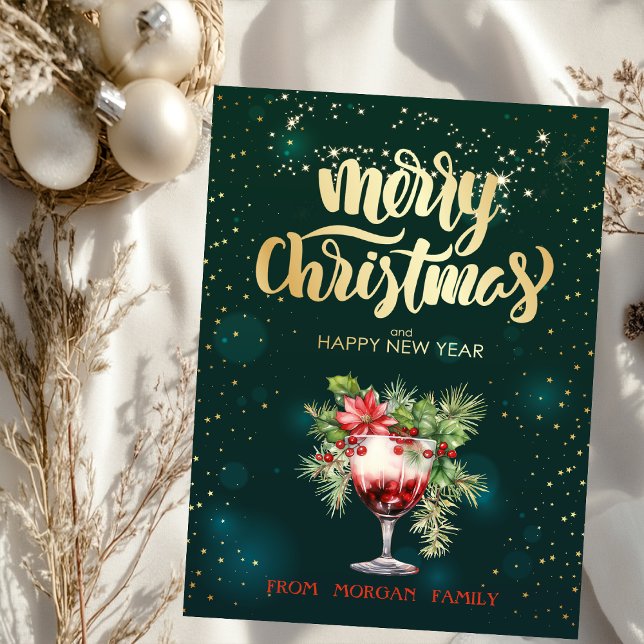 Elegant Christmas Cocktail Poinsettia Holiday Card (Creator Uploaded)
