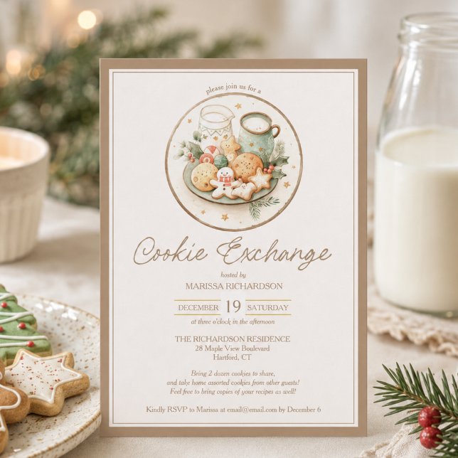 Elegant Christmas Cookie Exchange Party Invitation (elegant watercolor Christmas holiday cookie exchange swap party invitation card with custom details)