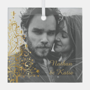 Elegant Christmas Couple Custom Photo Glass Tree Decoration