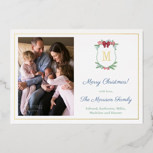 Elegant Christmas Crest Greenery Berries Picture Foil Holiday Card (Front)