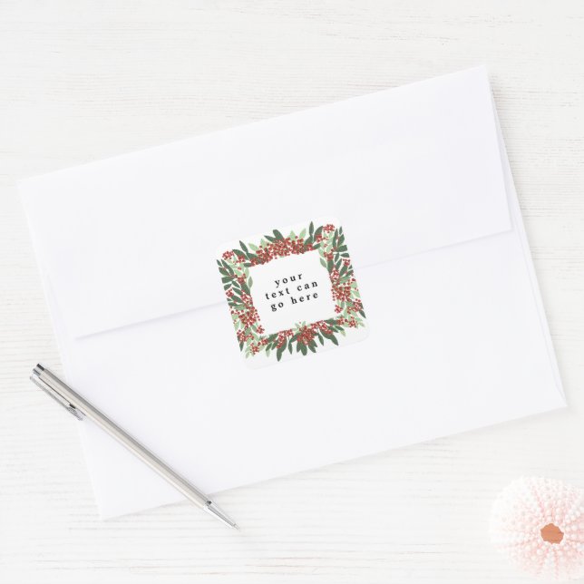 Elegant Christmas Custom Text Botanical Square Sticker (Envelope)