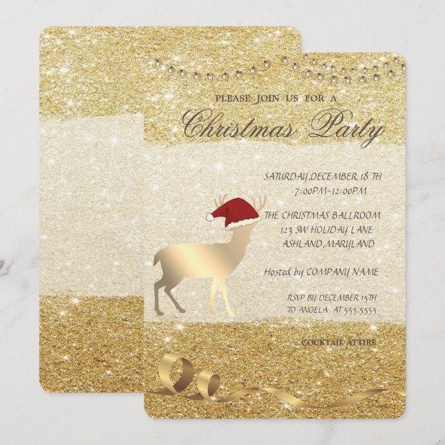 Elegant Christmas Deer ,Glittery ,Christmas Party Invitation (Front/Back)