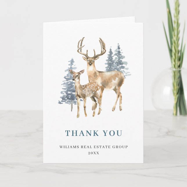 Elegant Christmas Deer Pine Tree Corporate Holiday Thank You Card (Front)