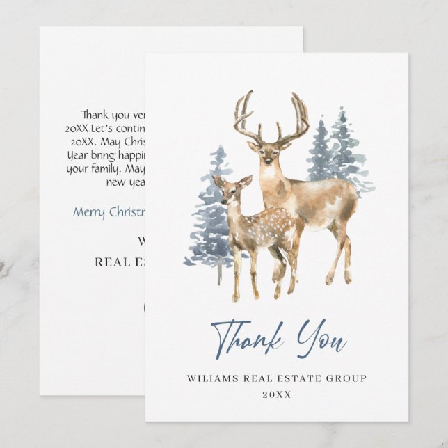Elegant Christmas Deer Pine Tree Corporate Holiday Thank You Card (Front/Back)