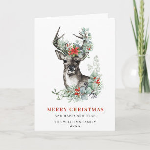 Elegant Christmas Deer Poinsettia Greeting Holiday Card