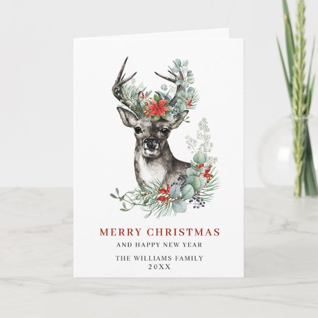 Elegant Christmas Deer Poinsettia Greeting Holiday Card (Front)
