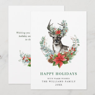 Elegant Christmas Deer Poinsettia Greeting Holiday Card