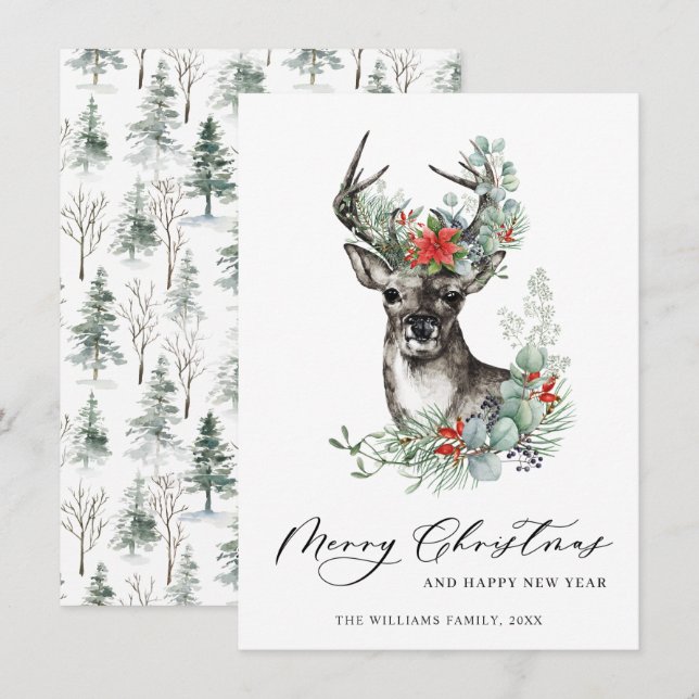 Elegant Christmas Deer Poinsettia Greeting Holiday Card (Front/Back)